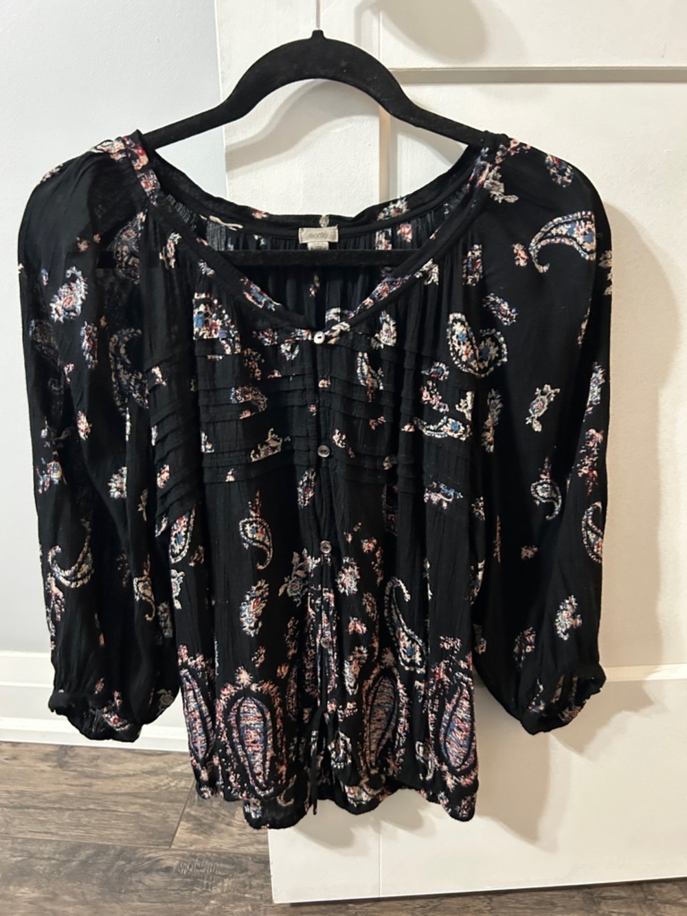 Ecote Black Paisley Peasant Blouse with Pink and Cream Details